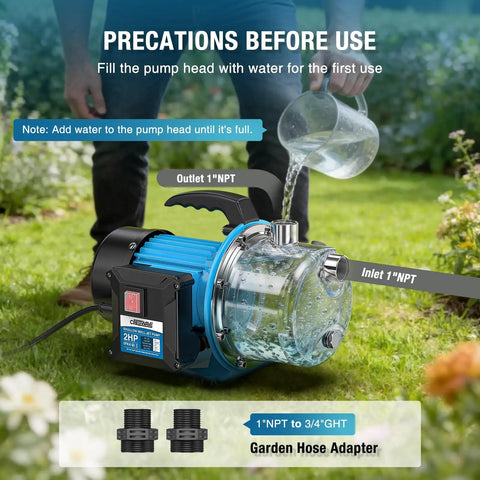 2HP Portable Shallow Well Pump For Home Use 1800 GPH Water Transfer Pump with inlet instructions being filled with water outdoors
