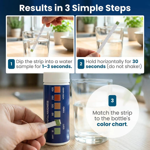 Fast 30 Second Water Hardness Test Strips For Home Use, 150 Strips, shown with a color chart and water sample testing.