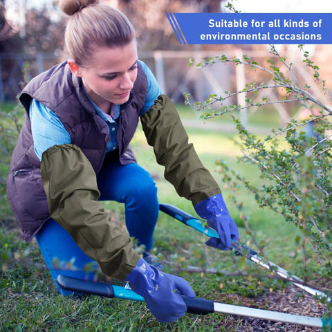 Gardener using Long Waterproof Chemical Gloves 28 Inch, Reusable Padded Cotton Lined, Acid And Oil Resistant, trimming bushes.
