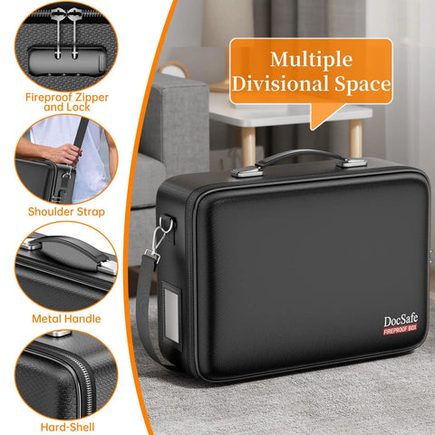 Fireproof Document Box With Lock And Shoulder Strap, hard shell case file organizer with accordion folders, multi layer design