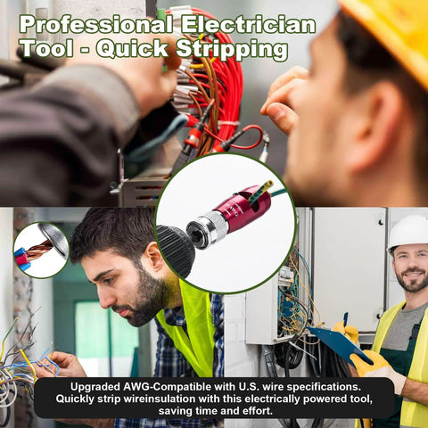 Electricians using 8 In 1 Electrician Wire Stripper And Twister For Drill, 2026 Upgraded Tool on wiring, close-up tool view