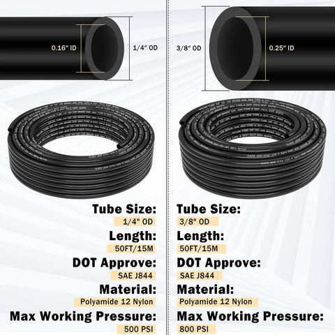 Brass Dot Air Line Fittings Kit with Fifty Foot One Quarter Inch and Fifty Foot Three Eighth Inch Lines showing specs and hoses.