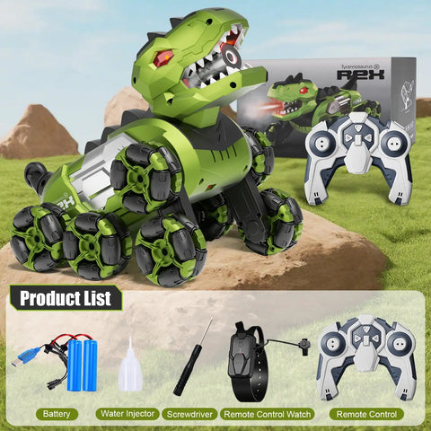 Gesture Sensing Dinosaur Monster Truck Remote Control Car With 8WD Off Road Stunt Vehicle package with accessories displayed