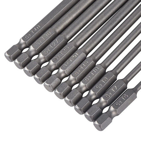 Torx Security Screwdriver Bit Set 10 Piece T6 To T40 With Quarter Inch Magnetic Hex Shank 4 Inch Long S2 Steel, close-up view