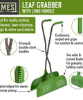 Leaf Grabber Rake With Long Handle And Cushioned Grip for easy grabbing of debris, dual blades, serrated edges, steel handle.