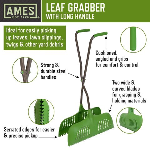 Leaf Grabber Rake With Long Handle And Cushioned Grip for easy grabbing of debris, dual blades, serrated edges, steel handle.