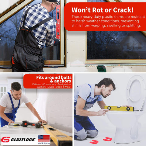 Workhorse Plastic Horseshoe Shim Multipack For Leveling Windows Doors Cabinets 100 Piece Set Includes One Quarter Inch One Eighth Inch One Sixteenth Inch And One Thirty Second Inch U Shape Tile Shims Spacers For Indoor Outdoor Use Made In USA shown with installation examples around window, countertop, and toilet.