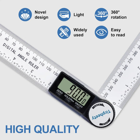 Heavy Duty Digital Angle Finder Protractor Tool With Sleek Seven Inch Body For Zero Guesswork 360 Degree Setup On Woodworking Or Home Shop Tasks That Deliver Hella Precise Readings Every Single Time You Use It showing 90 degrees.