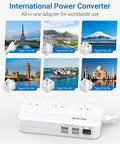 Travel Voltage Converter 220V To 110V With 4 USB Ports, 250W Power Adapter For Europe And Worldwide, five adapter types visible