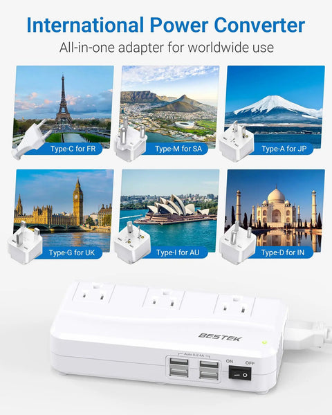 Travel Voltage Converter 220V To 110V With 4 USB Ports, 250W Power Adapter For Europe And Worldwide, five adapter types visible