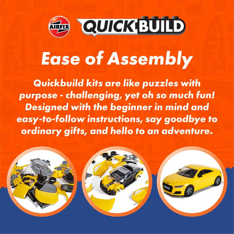 Quick Build D Day Spitfire Fighter Jet Model Kit For Adults And Kids No Glue No Paint Snap Together Aircraft Toys Easy Intro To STEM Building Sets Perfect Gift For Beginners And Fans ad showcasing ease of assembly with images of model pieces and a yellow car.