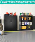 Heavy Duty Metal Storage Cabinet With Locking Doors And Adjustable Shelves For Office Workshop Or Kitchen Built Tough All Steel Construction Reinforced Welded Frame Secure Locking Tool Cabinets 36 Inches High, in workshop setting with tools displayed.