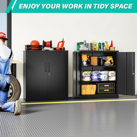 Heavy Duty Metal Storage Cabinet With Locking Doors And Adjustable Shelves For Office Workshop Or Kitchen Built Tough All Steel Construction Reinforced Welded Frame Secure Locking Tool Cabinets 36 Inches High, in workshop setting with tools displayed.