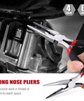 4 and 6 inch long nose pliers from 7 Piece Pliers Set With Slip Joint Long Nose Diagonal Groove Joint Linesman Mini Long Nose Pliers Dipped Handles Forged Steel Heavy Duty Grip Hardened Cutting Edges For Tough Jobs And Secure Grips used in tight spaces.