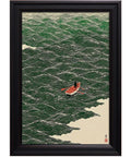 Japanese Style Ocean Rowing Wall Art For Bedroom And Living Room, Retro Green Wave Canvas Print With Coastal Beach Vibe