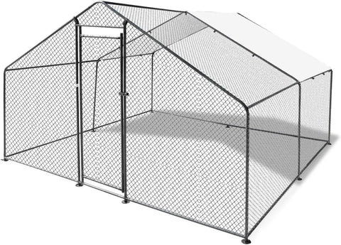 Walk In Heavy Duty Chicken Coop With Large Outdoor Run 9.8 Feet Long 9.8 Feet Wide 6.6 Feet High Sturdy Steel Frame Waterproof UV Cover