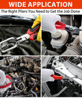Six-Piece Fuel Line Pliers Set for Hose Clamps and Fluid Lines in automotive maintenance use with gloves