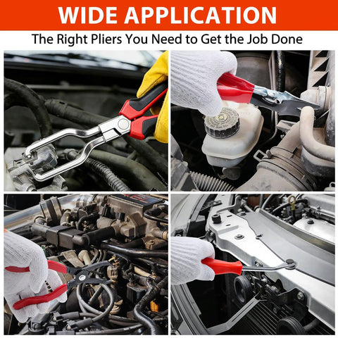 Six-Piece Fuel Line Pliers Set for Hose Clamps and Fluid Lines in automotive maintenance use with gloves