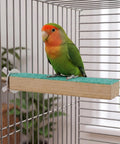 Top Shelf Solid Wood Bird Cage Perch Stand 2 Pack With Quartz Sand Coating used by a colorful bird on a wooden perch in a cage.