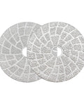 4 Inch Diamond Grinding Pads For Concrete Granite Marble Stone Set Of 2 Pieces Dry And Wet Polishing Shaping Beveling Smoothing Rough Surfaces For Pros Pro Grade Nylon Buckle Connection 6mm Thick, close-up view showing both pads with textured surface.