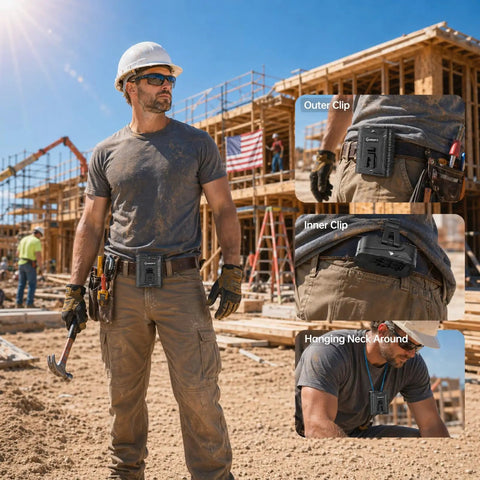 Construction worker wearing Waist Clip Fan Portable Personal Fan With 5000mAh Rechargeable Battery and hands-free belt clip.