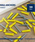 Ribbed Wall Anchor Kit For Drywall And Concrete 100 Pack Yellow Nylon Anchors With Screws Included Seven Eighths Inch Length