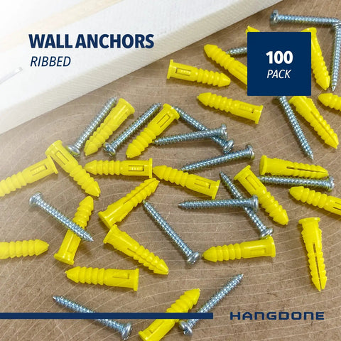 Ribbed Wall Anchor Kit For Drywall And Concrete 100 Pack Yellow Nylon Anchors With Screws Included Seven Eighths Inch Length