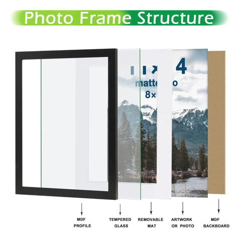 Two Pack Black Wooden Picture Frames For 16x20 To 11x14 Mat Opening 10.5x13.5 With Tempered Glass And Modern Matte Finish frame structure