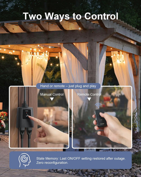 Outdoor Remote Control Outlet With Portable Magnetic Switch No WiFi Needed showing manual and remote control options