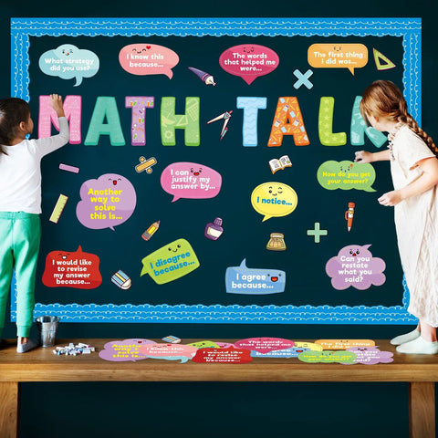 Kids using Math Talk Bulletin Board Set For Classrooms And Home Offices Kid Friendly Interactive Math Discourse Cards.