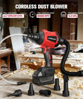 Cordless Air Blower Dust Duster For Milwaukee 18V displayed with nozzles in workshop setting.