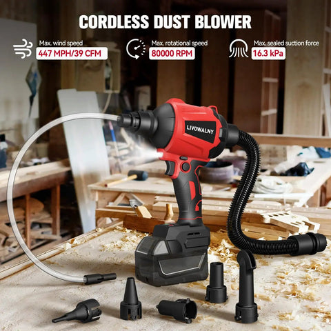 Cordless Air Blower Dust Duster For Milwaukee 18V displayed with nozzles in workshop setting.