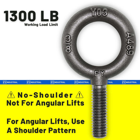 10 Pack Industrial Grade No-Shoulder Lifting Eye Bolts 3/8-16 By 1-1/4 Inch, Vertical Pull Only, shown with 1300 lbs WLL label