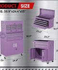 Dimensions of Beefy 8-Drawer Rolling Tool Chest With Detachable Top Box And Locking Wheels, Portable Purple Tool Organizer.