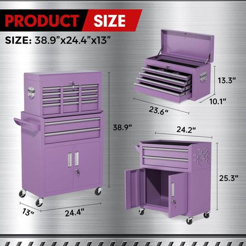 Dimensions of Beefy 8-Drawer Rolling Tool Chest With Detachable Top Box And Locking Wheels, Portable Purple Tool Organizer.