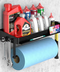 One Hand Tear Garage Paper Towel Holder With Shelf For Wall Mount 12 Inch Shop Paper Towel Dispenser Heavy Duty Iron Black Finish Super Handy Includes 2 Detachable Hooks For Garage And Tool Room with bottles, wrenches, and towel visible