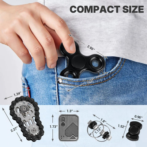 5 Pcs Fidget Toys Set For Adults With Magnetic Slider, Clicker, Spinner, Infinite Flipper, Tactile Chain in pocket and dimensions