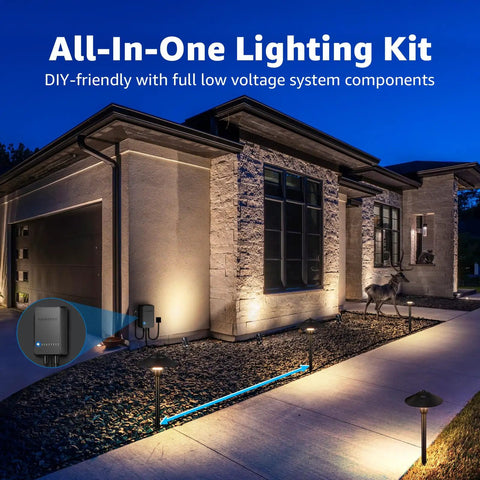 All-In-One LED Low Voltage Landscape Lighting Kit with 6 path lights and 2 spotlights illuminating house pathway at night.
