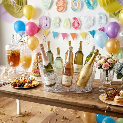 Massive 11.5L Ice Bucket Duo For Parties, Dual Pack Drink Cooler Tub filled with champagne and wine bottles on a decorated table.
