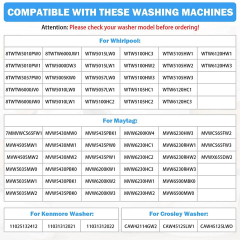 Compatibility chart for Direct Fit Washer Drain Pump Replacement For W11399437 W11259498 with Whirlpool Maytag Kenmore Crosley models