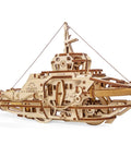 Rubber Band Powered Tugboat Model Kit 3D Wooden DIY Self Assembly Brainteaser With Mechanical Gears And Pendulum Motion, side view