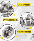 50 Piece Set Stainless Steel SAE Hex Socket Screws Grub Screws Cup Point Internal Hex Drive 3/8-16 X 3/8 Assortment Kit Built For Tough Jobs In Shop Or Garage Corrosion Resistant Burr Free Durable Hardware, showing close-up of screws with hex drive and allen wrench.