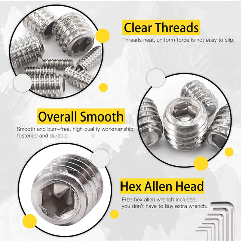 50 Piece Set Stainless Steel SAE Hex Socket Screws Grub Screws Cup Point Internal Hex Drive 3/8-16 X 3/8 Assortment Kit Built For Tough Jobs In Shop Or Garage Corrosion Resistant Burr Free Durable Hardware, showing close-up of screws with hex drive and allen wrench.