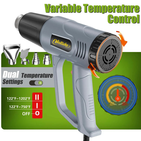 Gray Dual Temp Heat Gun With 4 Nozzles Kit, Heats Up To 1202F, 900 To 1300W, Overload Protection, 5 Ft Cord, for crafting and more