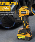 Cordless Tire Inflator With 160 PSI LCD Gauge, Easy On The Go Portable Air Pump That Works With 18V/20V Batteries, Ideal For Cars, Bikes, And Sports Balls (No Battery) next to a car tire