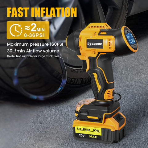 Cordless Tire Inflator With 160 PSI LCD Gauge, Easy On The Go Portable Air Pump That Works With 18V/20V Batteries, Ideal For Cars, Bikes, And Sports Balls (No Battery) next to a car tire