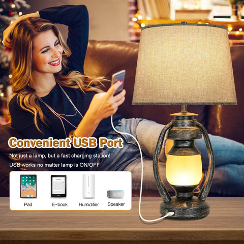 3-Way Dimmable Touch Control Table Lamps Set Of 2 With Cozy Farmhouse Lantern Nightlight, 23 Inch Bedside USB Lamp in living room