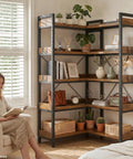 Five Tier Corner Bookshelf Sturdy Metal Frame 14 Inch Tall Shelves Plant Stand Storage Rack Vintage Brown with decor and plants