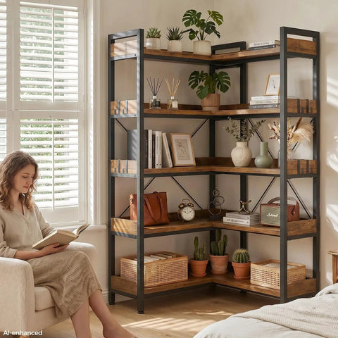 Five Tier Corner Bookshelf Sturdy Metal Frame 14 Inch Tall Shelves Plant Stand Storage Rack Vintage Brown with decor and plants