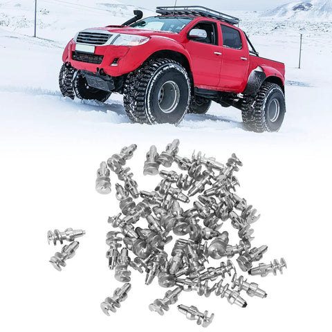 Heavy Duty Double Head Tire Studs 50 Pc Pack Tungsten Steel Anti Skid Screws for trucks on snowy terrain with tire studs in focus.